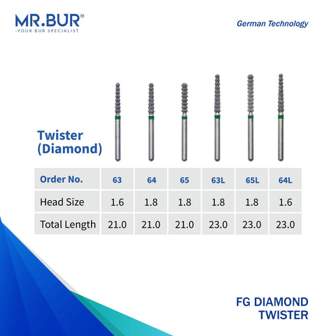 These are six of the Bulk Reduction Twister Coarse FG Diamond Bur sold by Mr Bur the best international diamond dental bur supplier the dental bur head sizes shown here are 1.6mm 1.8mm