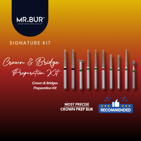 This picture shows MR.BUR Crown & Bridge Preparation Kit FG designed to offer speedy, simple and accurate tooth preparation for a wide range of crown and bridge restorations, veneers and onlays.