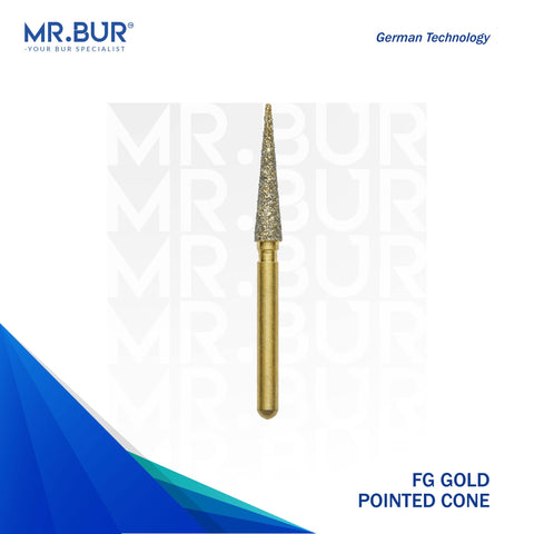 The #1 Best Gold Pointed Cone Diamond Bur FG. Mr Bur offers the best online dental burs and is a Better Choice than Meisinger, Mani, Shofu, Eagle Dental, Trihawk, Suitable for Dental Cases.