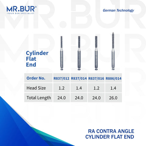 4 variants of the #1 Best Contra Angle Cylinder Flat End Diamond Bur RA. Mr Bur offers the best online dental burs and is a Better Choice than Meisinger, Mani, Shofu, Eagle Dental, Trihawk, Suitable for Dental Cases. The dental bur head sizes shown here are 1.2mm, and 1.4mm