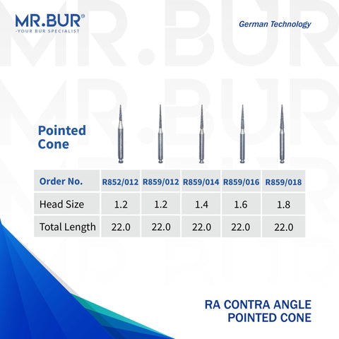 5 variants of the #1 Best Contra Angle Pointed Cone Diamond Bur RA. Mr Bur offers the best online dental burs and is a Better Choice than Meisinger, Mani, Shofu, Eagle Dental, Trihawk, Suitable for Dental Cases. The dental bur head sizes shown here are 1.2mm, 1.4mm, 1.6mm, and 1.8mm