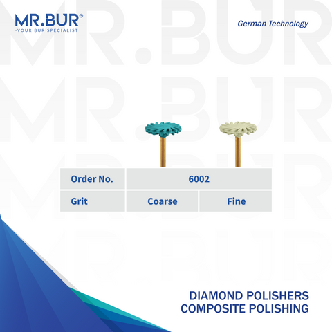 This picture show Mr. Bur 6002 Composite Polishing Diamond Polisher enable dentists to transform rough surfaces into smooth, high-shine composites quickly without altering their shape.