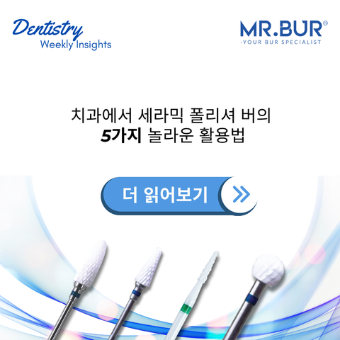 Mr Bur ceramic polisher burs for dentistry showing multiple ceramic bur shapes used for polishing contouring and finishing dental restorations. Korean title highlights five clinical applications of ceramic polishers.