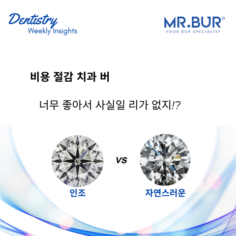 Mr. Bur comparison between synthetic and natural diamond burs, highlighting how natural diamond burs provide superior cutting performance, durability, and reliability for cost-effective professional dentistry.