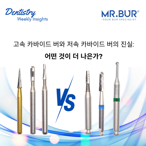 Mr Bur high speed FG and low speed RA carbide burs comparison showing different shapes and applications for cutting precision and controlled finishing in dentistry.