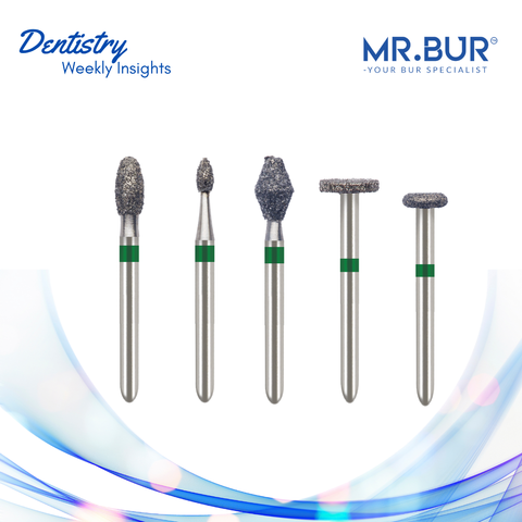 Mr. Bur top five diamond burs used for occlusal surface reduction, featuring various shapes including egg, flame, taper, and wheel designs, ensuring efficient cutting, smooth finishing, and precision in restorative and prosthodontic procedures.