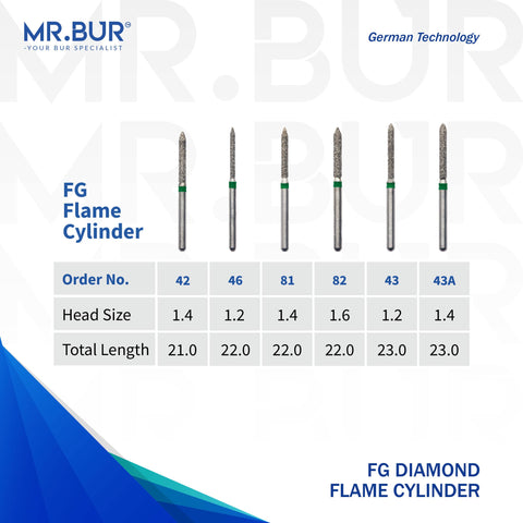 Six variants of the the Flame Cylinder FG diamond dental bur that mr Bur the best supplier of diamond dental burs sells to dentists and dental labs with the following head sizes 1.2 1.4 1.6