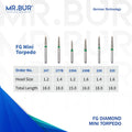 These are six variants of the Mini Torpedo Coarse Diamond Bur FG sold by Mr Bur the best international diamond dental bur supplier the dental bur head sizes shown here are 1.2mm 1.4mm 1.6mm