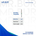 This is one of the variants of the Mini Torpedo Coarse Diamond Bur FG sold by Mr Bur the best international diamond dental bur supplier the dental bur head sizes shown here are 1.6mm