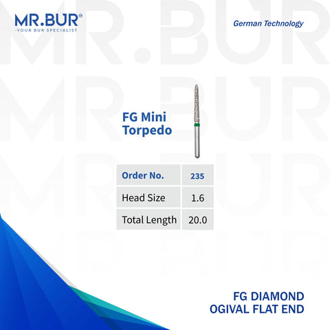 This is one of the variants of the Mini Torpedo Coarse Diamond Bur FG sold by Mr Bur the best international diamond dental bur supplier the dental bur head sizes shown here are 1.6mm